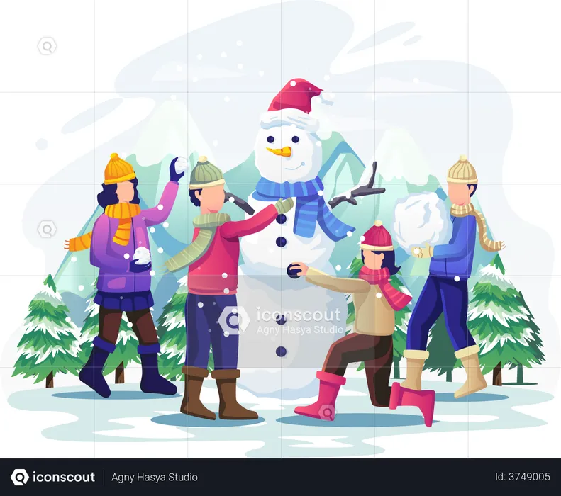 Children playing in the snow and making a snowman  Illustration
