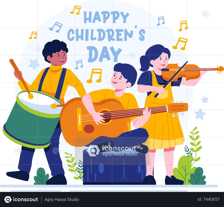 Children playing musical instruments together  Illustration