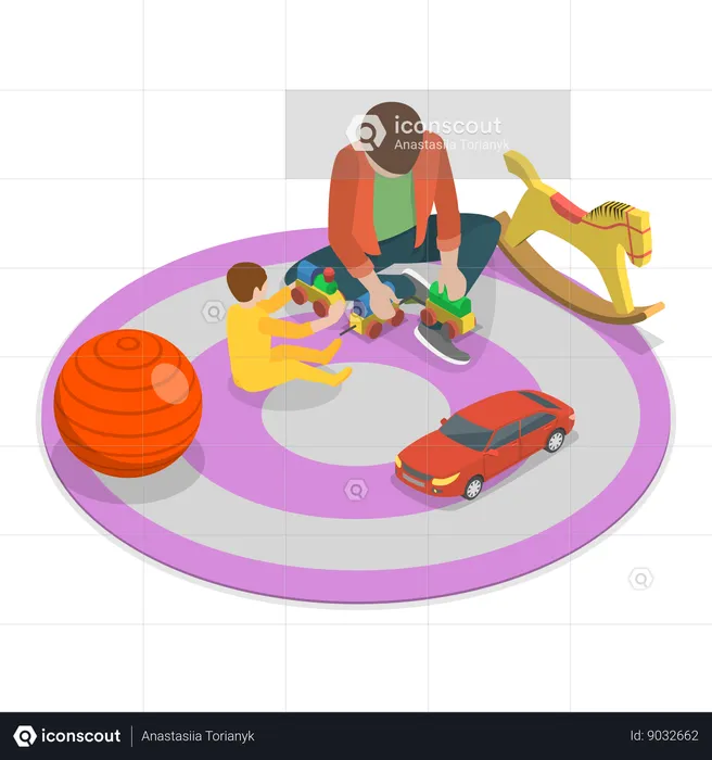 Children playing on carpet with father  Illustration
