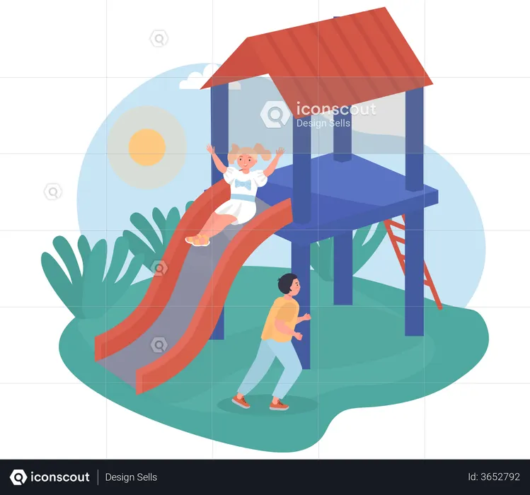 Children playing on slide  Illustration