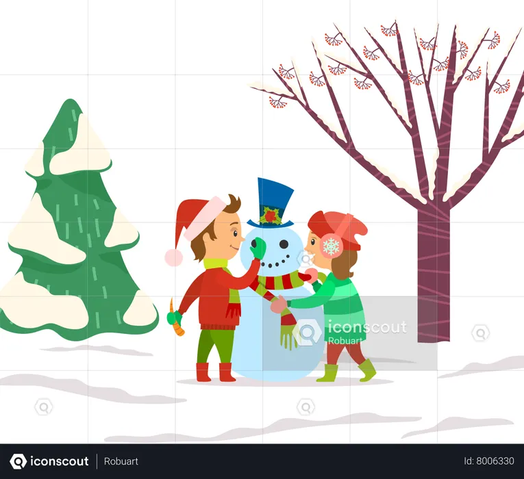 Children Playing Outdoors Sculpting Snowman  Illustration
