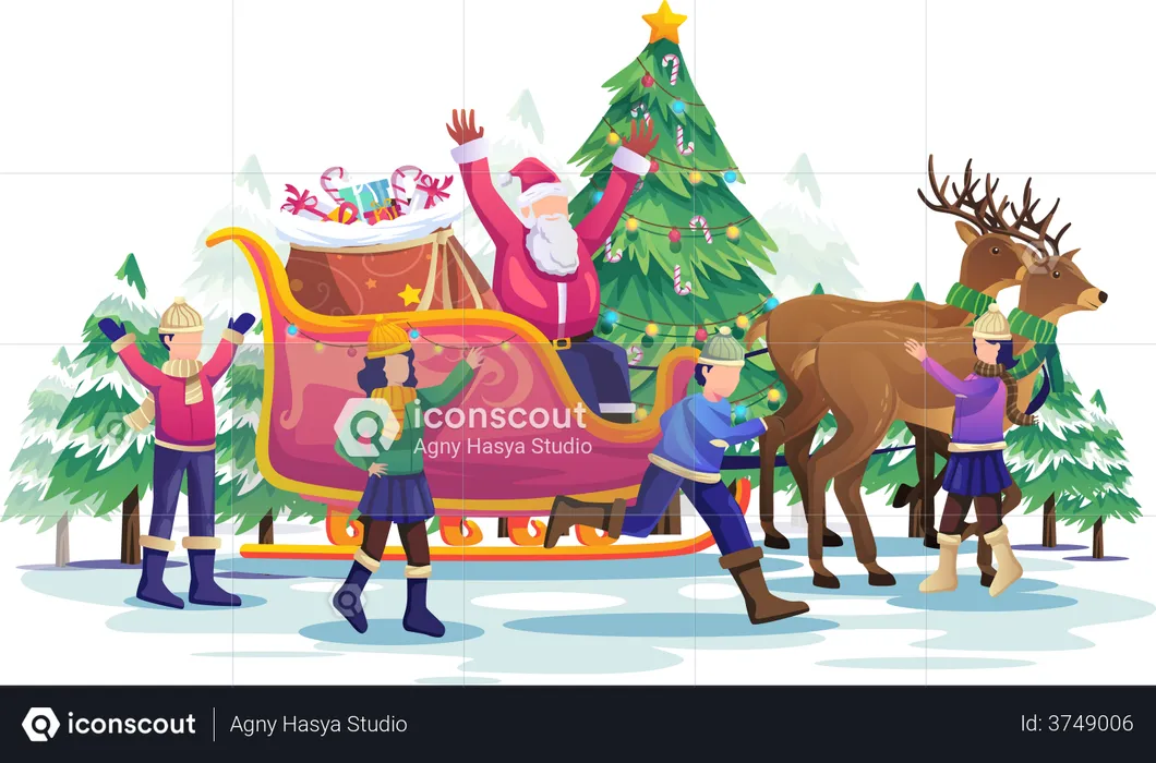 Children playing with Santa Claus and his reindeer carriage at Christmas  Illustration