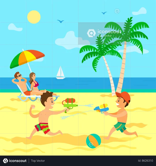 Children playing with water guns  Illustration