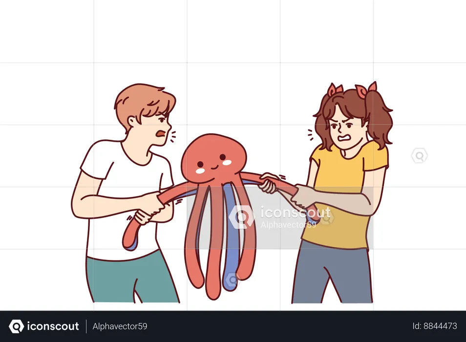 Children quarrel over toy and pull stuffed octopus in directions  Illustration