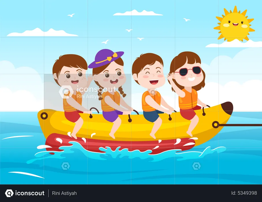 Children riding banana boat jet ski  Illustration