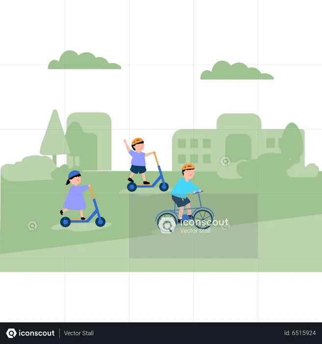 Children riding skating bikes in park  Illustration