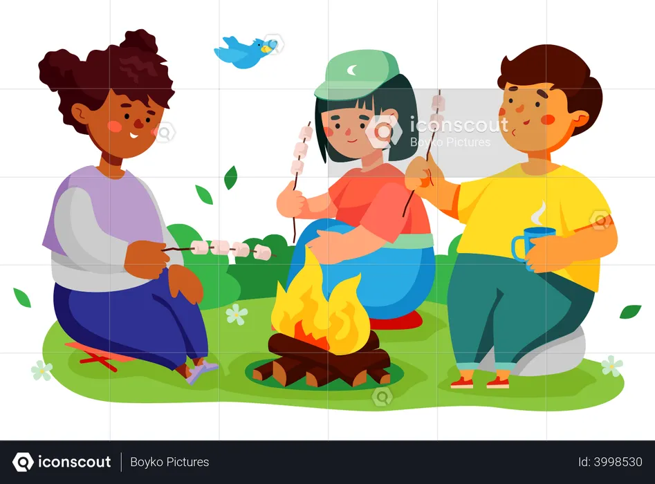 Children roasting marshmallows over campfire  Illustration