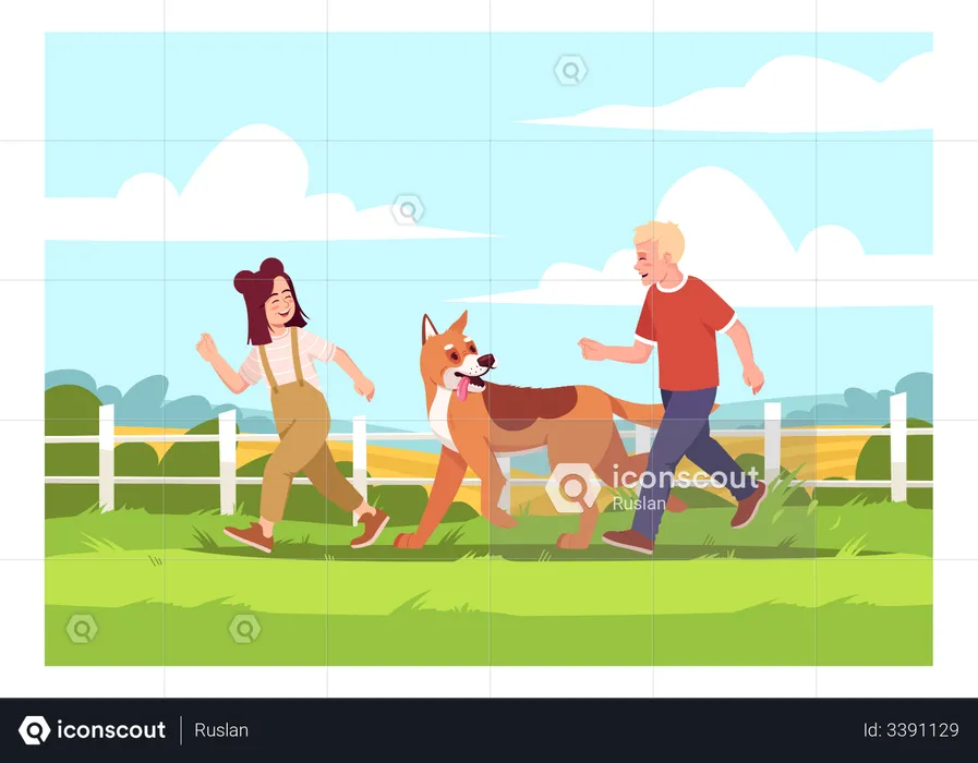 Children run with shepherd dog  Illustration