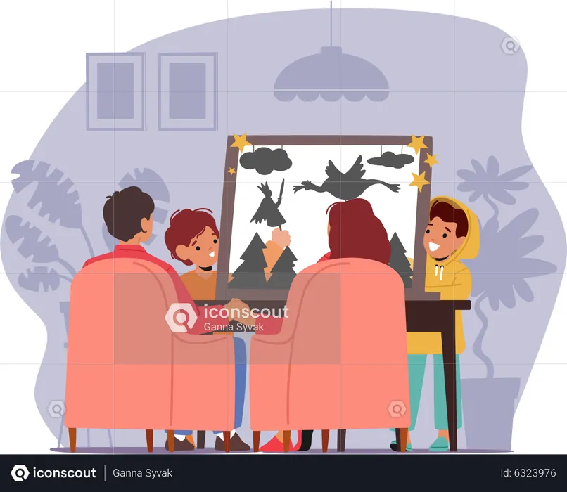 Children showing shadow art to parents  Illustration