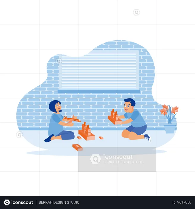 Children Sit On Floor Of House And Play Together  Illustration