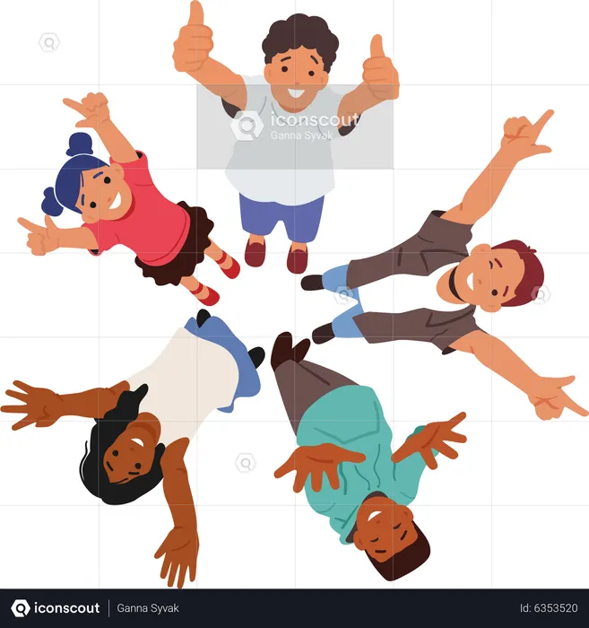 Children stand in circle look up and laugh  Illustration