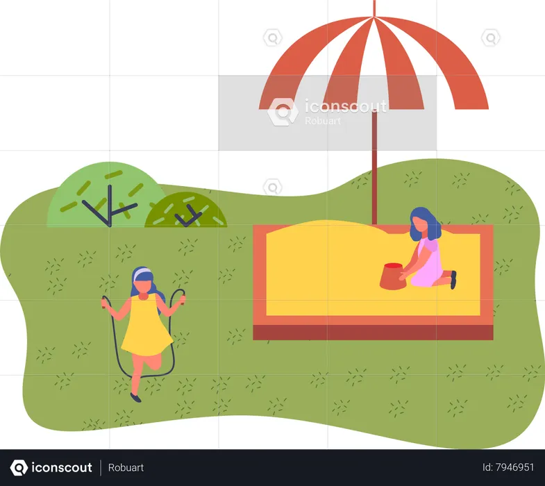 Children summer playground with a sandbox in modern kindergarten  Illustration