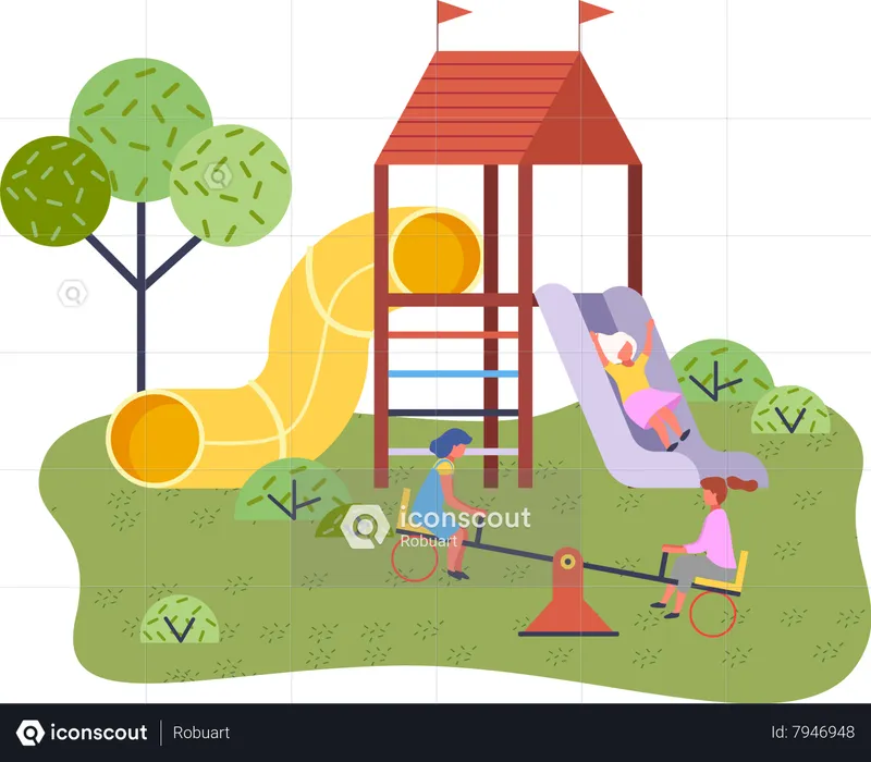 Children summer playground with slide swings and other elements of amusement park for children  Illustration
