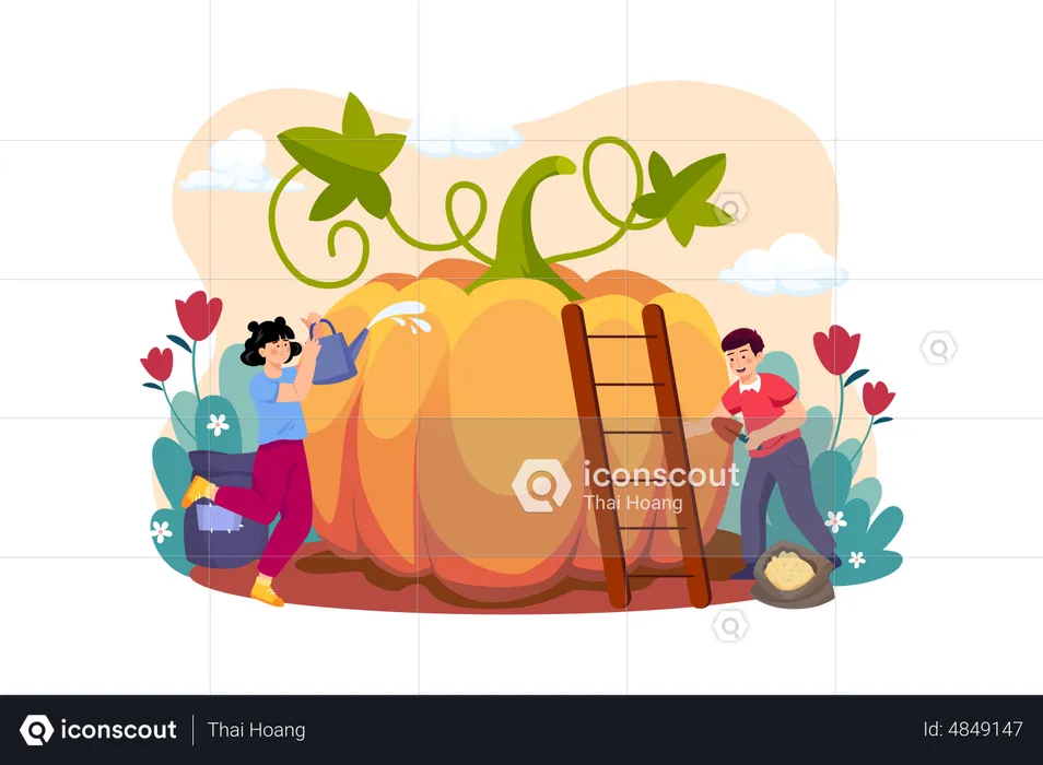 Children Take Care Of Pumpkins For Thanksgiving Day  Illustration