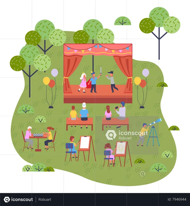 Children theatrical performance on the stage in the open playground  Illustration