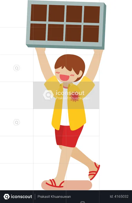 Children Using renewable energy from nature with Solar energy From solar panel and wind turbine  Illustration