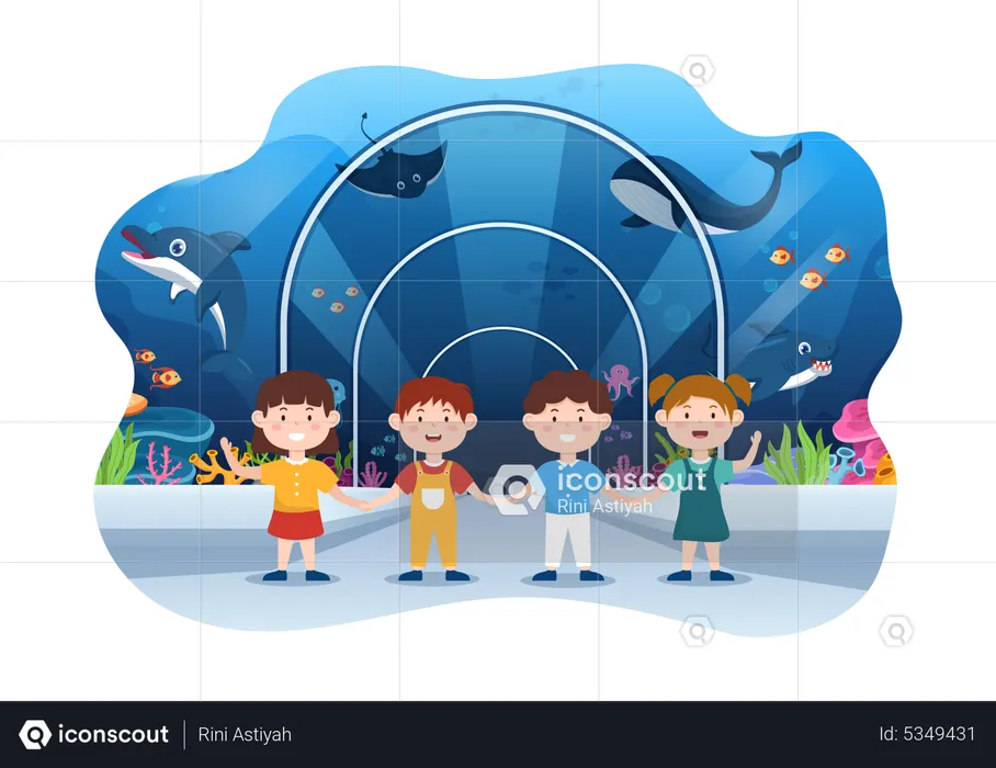 Children visiting fish aquarium  Illustration