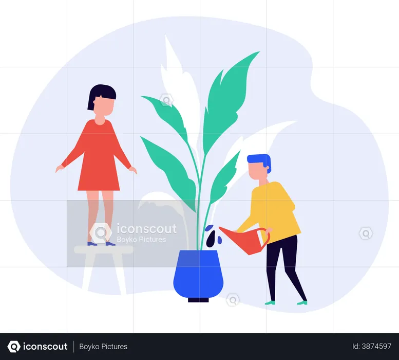 Children watering houseplant together  Illustration