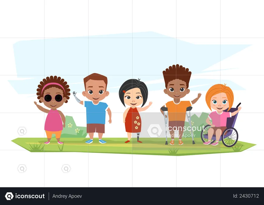 Children with different disabilities waiving their hands  Illustration