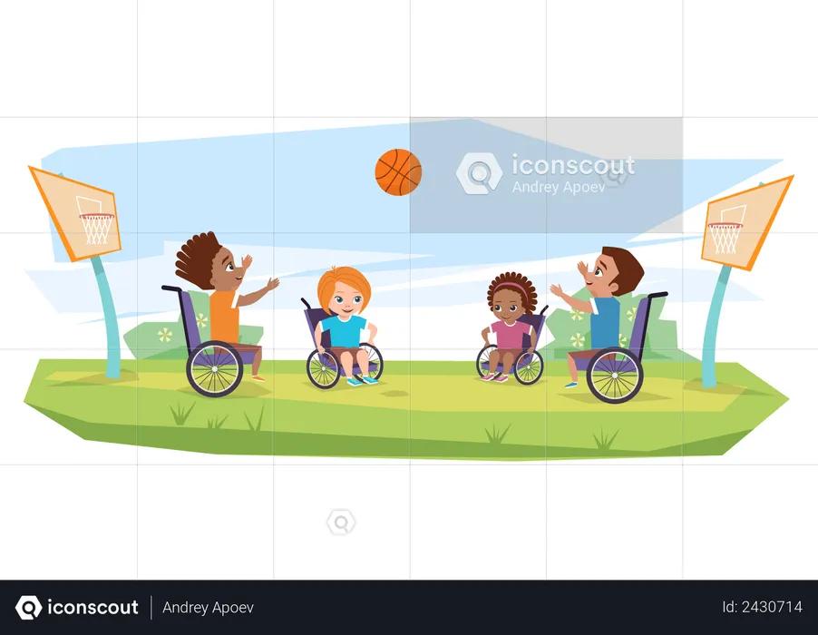 Children with disabilities playing basketball Illustration