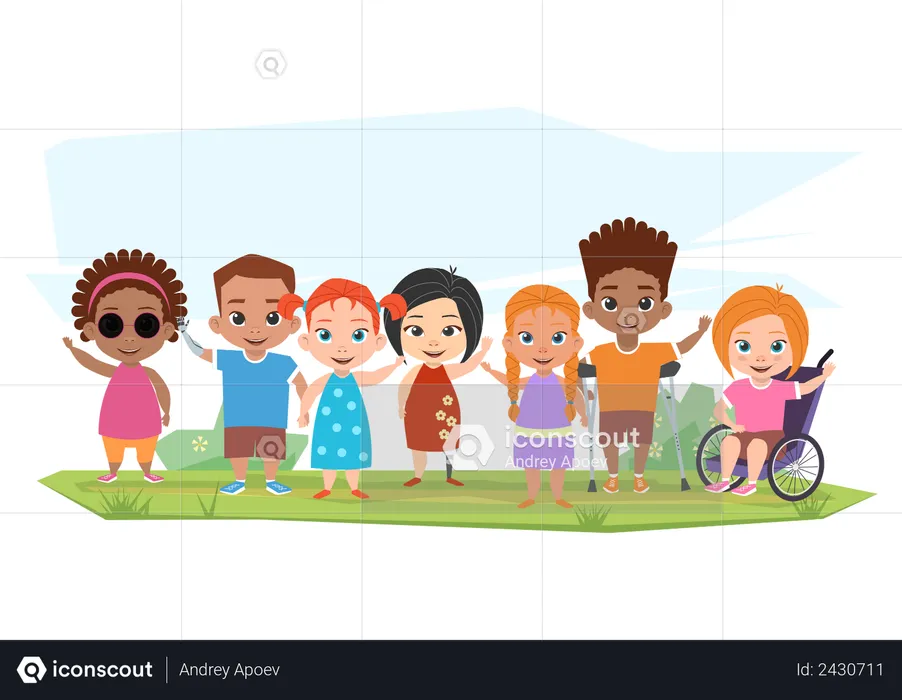Children with disabilities standing together  Illustration