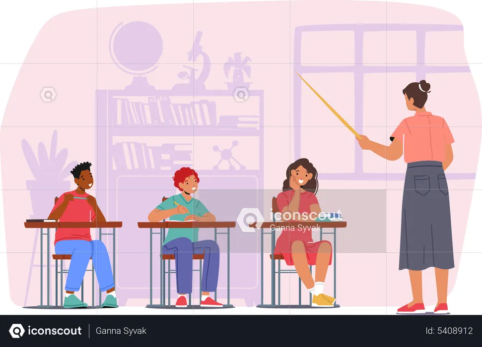 Children with Teacher in Classroom  Illustration