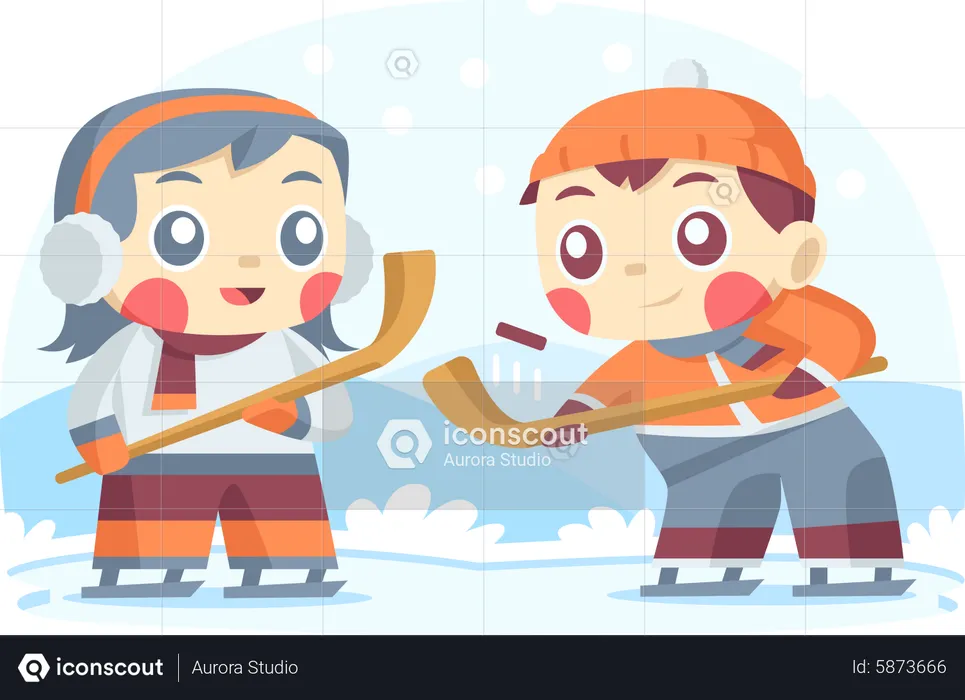 Childs Playing Ice Hockey in Winter  Illustration