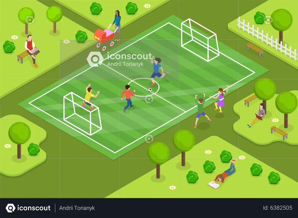 Childs playing Soccer in park  Illustration