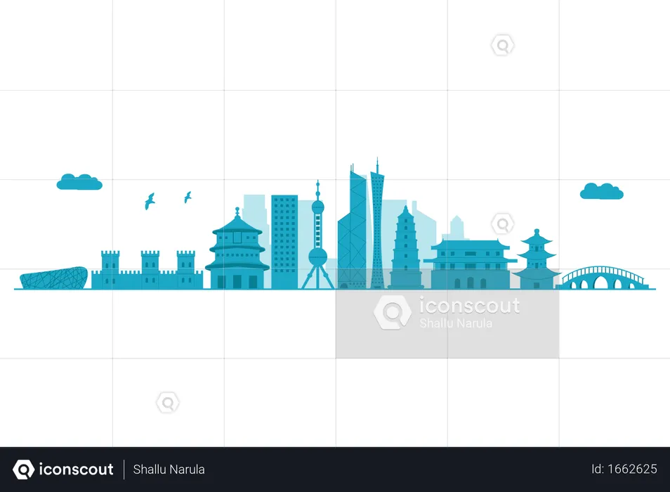 China-Skyline in blauer Silhouette  Illustration