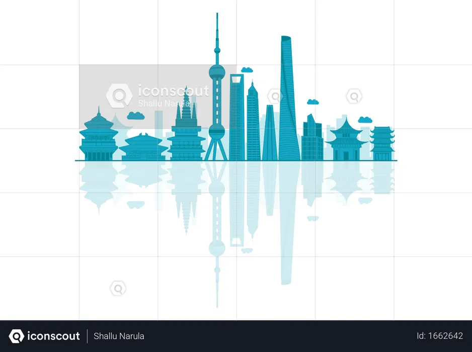 반사가 있는 중국 스카이라인 실루엣  일러스트레이션