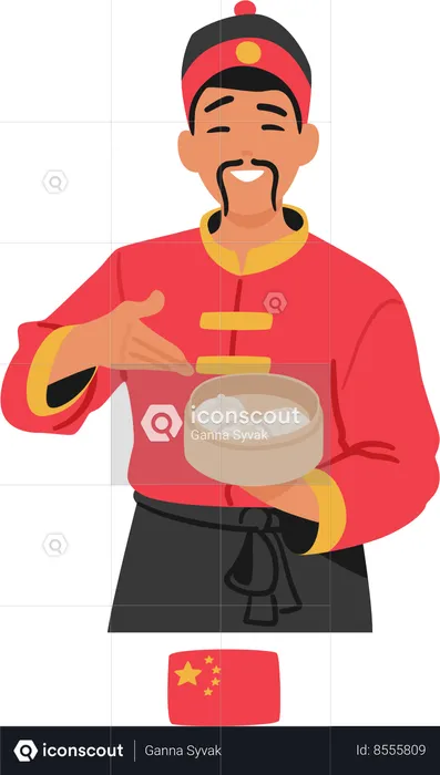 Chinese Chef Character Skillfully Prepares A Tray Of Steaming Dumplings  Illustration