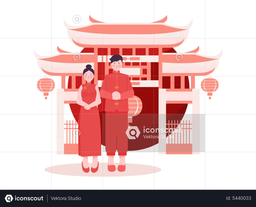 Chinese couple in traditional clothes  Illustration