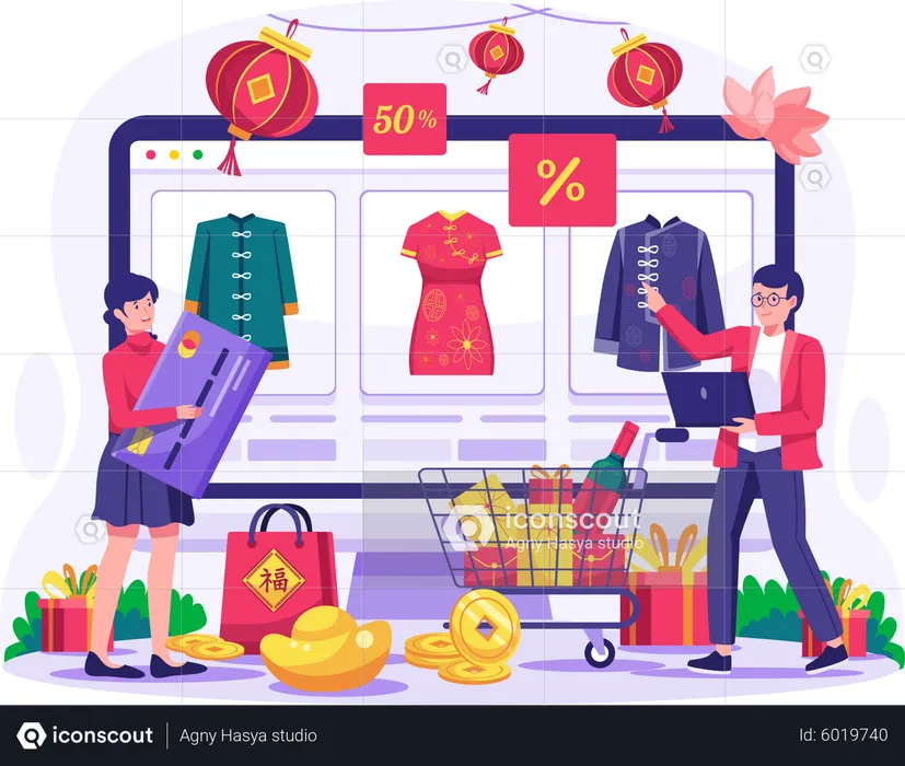 Chinese couple shopping online through website  Illustration
