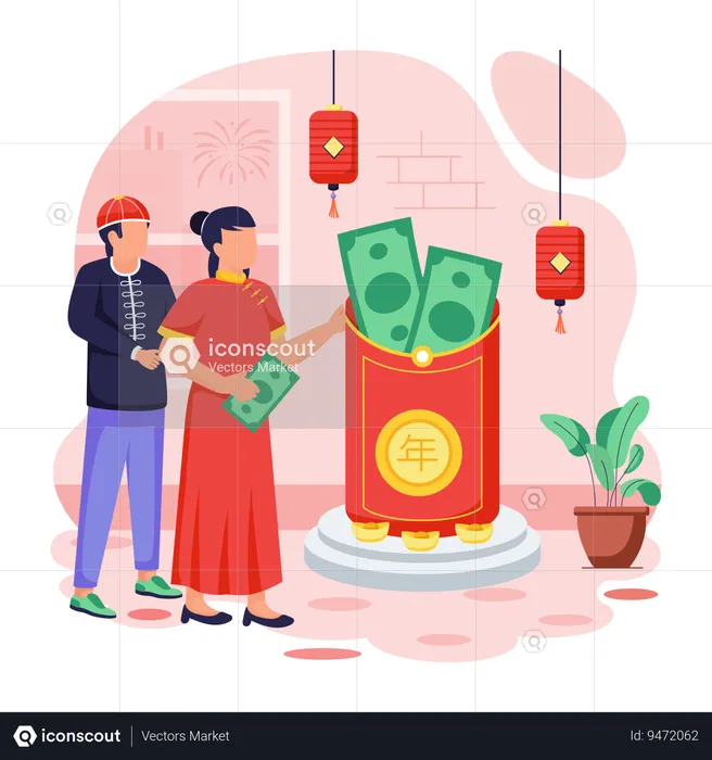 Chinese couple with Hongbao envelope  Illustration