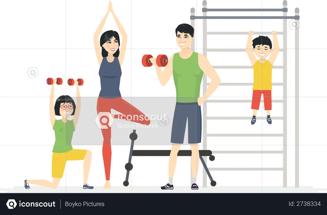 Chinese family at the gym  Illustration