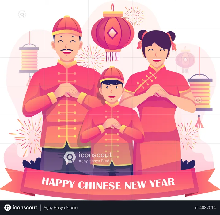 Chinese Family greeting new year  Illustration