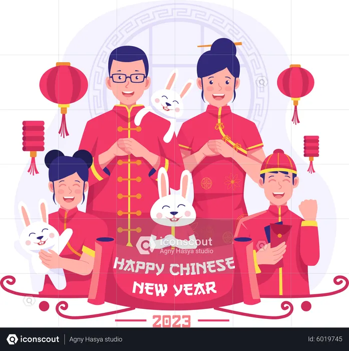 Chinese Family greeting to celebrate the Lunar new year  Illustration