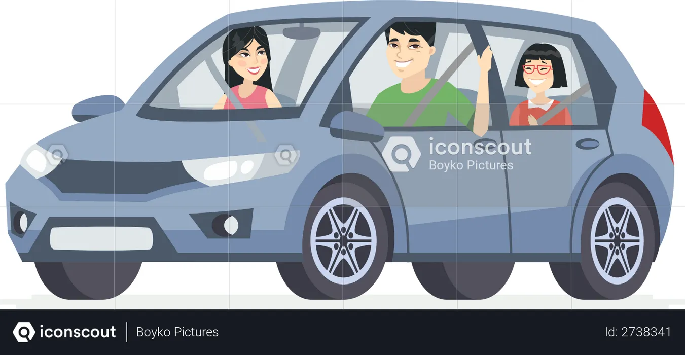 Chinese family in the car  Illustration