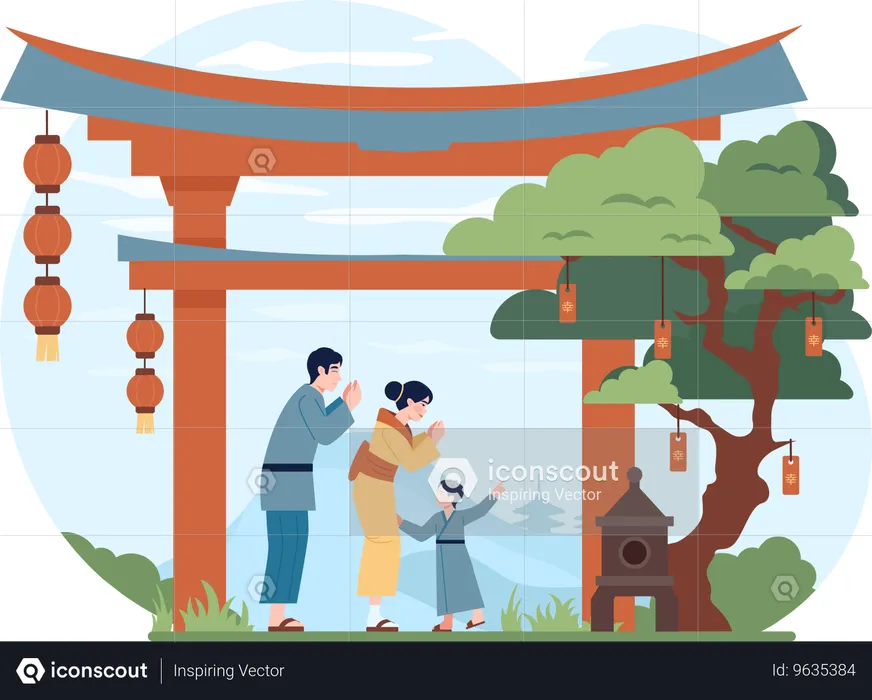 中国人家族が寺院を訪問  イラスト