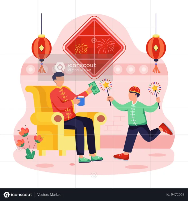 Chinese father and kid enjoying New Year Night  Illustration