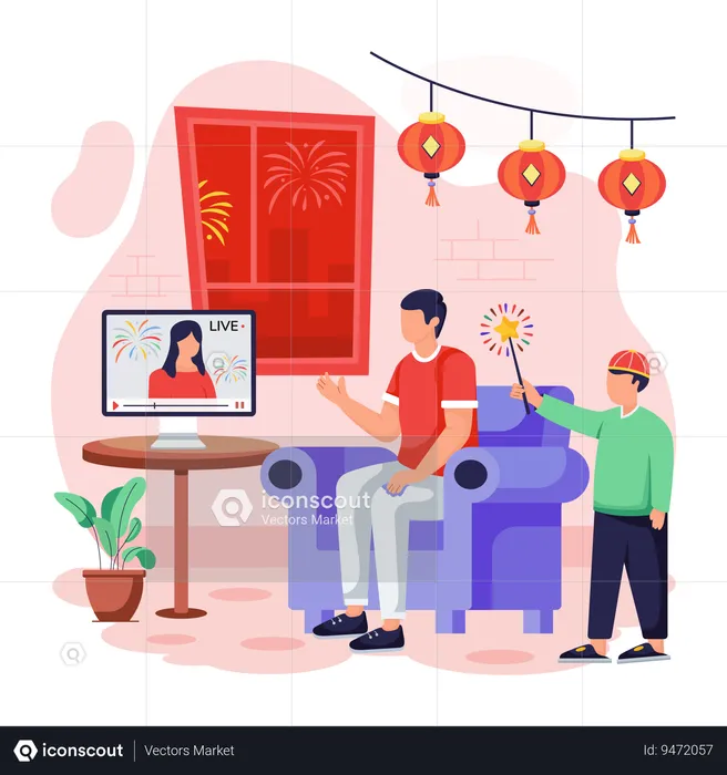 Chinese father and  son Watching TV  Illustration