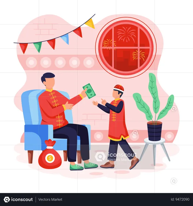 Chinese Father Giving Money to kid  Illustration