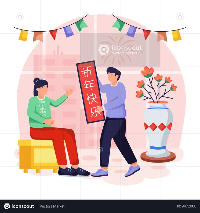 Chinese girl and boy Decorating Home  Illustration