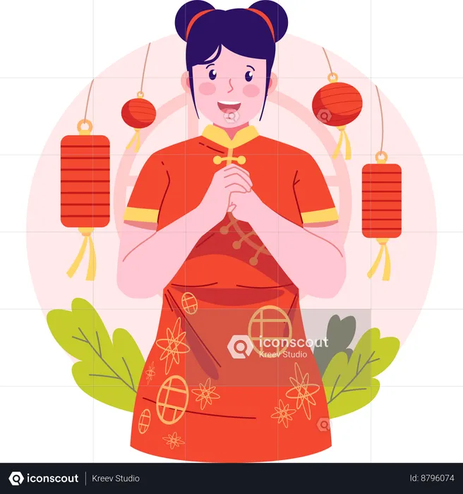Chinese girl giving chinese new year Greeting  Illustration