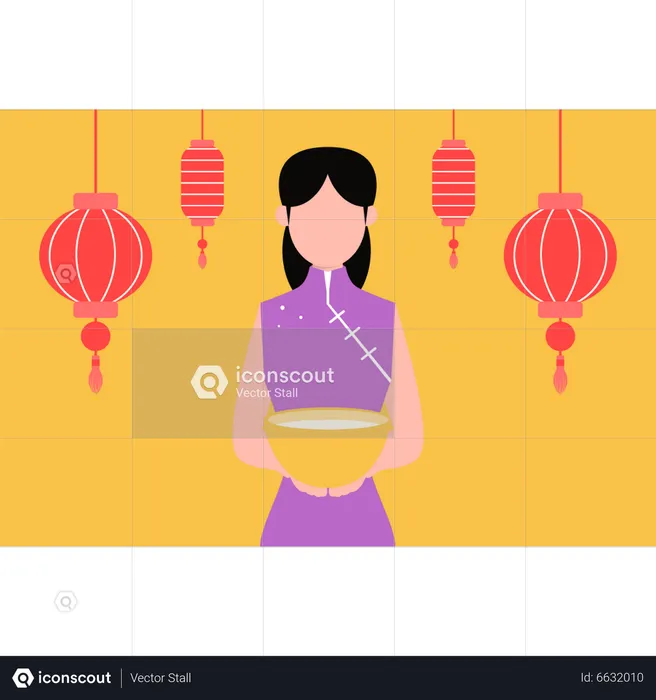 Chinese girl holding bowl of food  Illustration