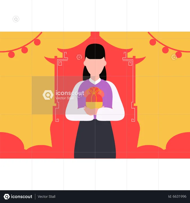 Chinese girl holding gift box  Illustration