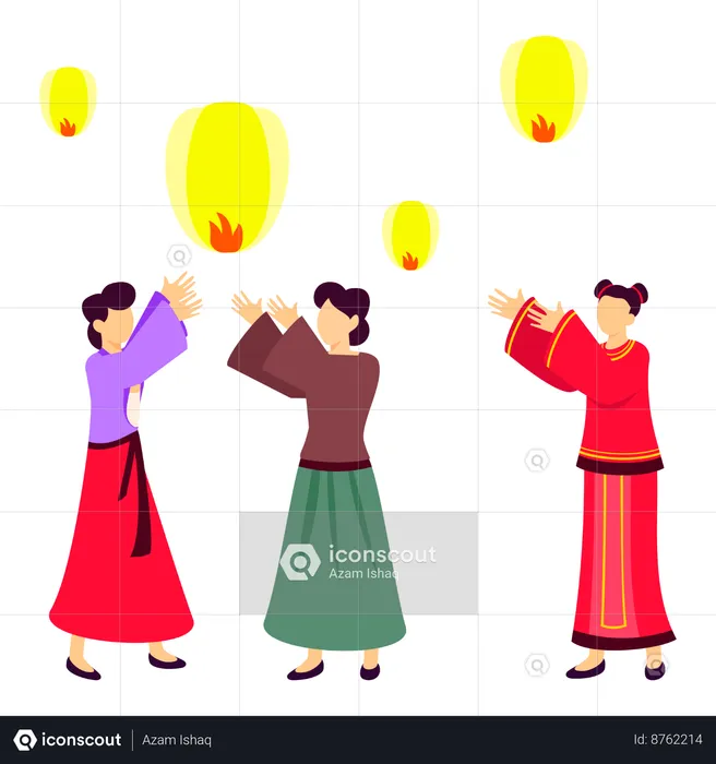 Chinese girl make paper lanterns  Illustration