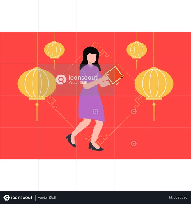Chinese girl holding Chinese envelope  Illustration