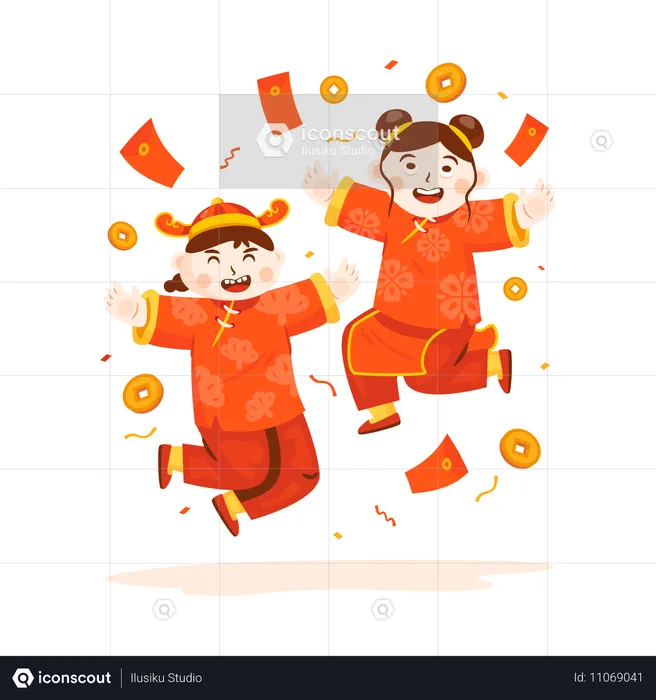 Chinese kids getting angpao  Illustration