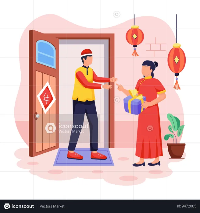Chinese man and woman Visiting Relatives  Illustration